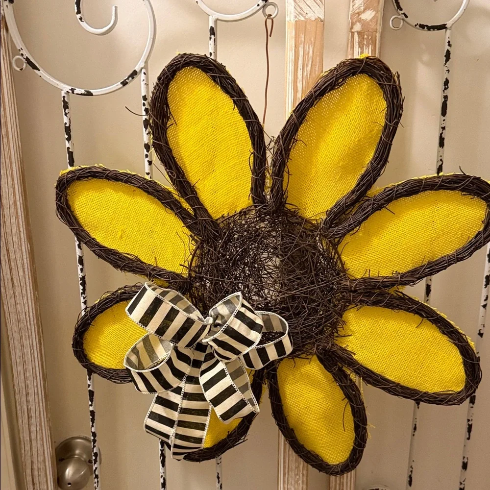 Sunflower Everyday Door Hanger with Yellow Petals and Striped Bow💕